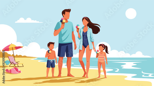 Family enjoying ice cream cones outdoors during a warm summer day. Ideal for seasonal treats, lifestyle moments, and family holiday joy