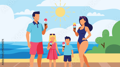 Family enjoying ice cream cones outdoors during a warm summer day. Ideal for seasonal treats, lifestyle moments, and family holiday joy