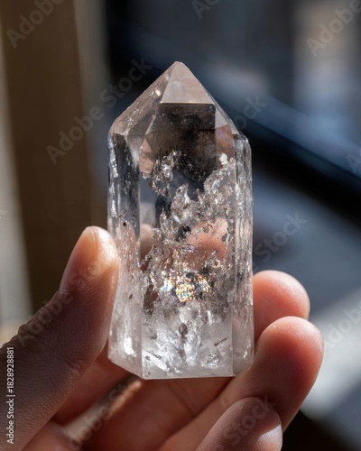 Sparkling Clear Quartz Crystal Point Held in Hand, Backlit, Revealing Unique Inclusions.