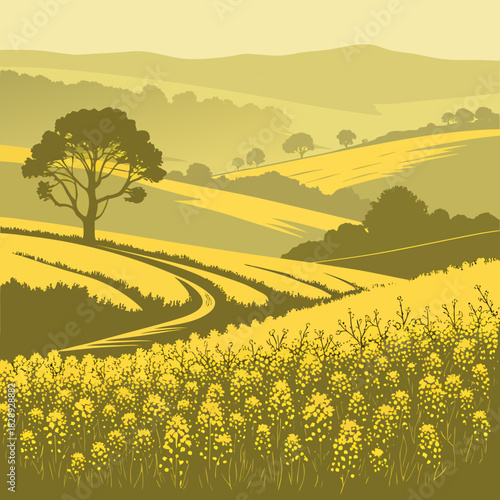 Stylized landscape featuring rolling yellow hills and a winding dirt road under a hazy sky