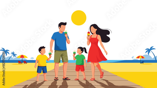 Family enjoying ice cream cones outdoors during a warm summer day. Ideal for seasonal treats, lifestyle moments, and family holiday joy