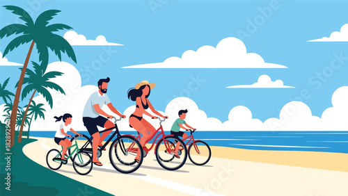 Family riding bicycles along a coastal path during a summer trip. Ideal for outdoor activities, travel, healthy lifestyle, and adventure scenes
