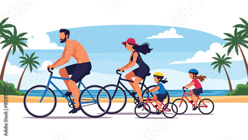 Family riding bicycles along a coastal path during a summer trip. Ideal for outdoor activities, travel, healthy lifestyle, and adventure scenes