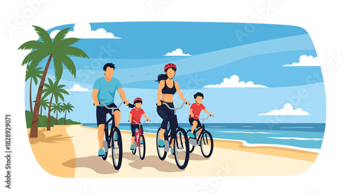 Family riding bicycles along a coastal path during a summer trip. Ideal for outdoor activities, travel, healthy lifestyle, and adventure scenes