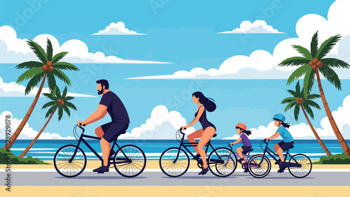Family riding bicycles along a coastal path during a summer trip. Ideal for outdoor activities, travel, healthy lifestyle, and adventure scenes