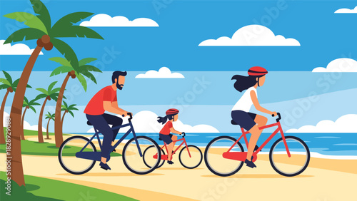 Family riding bicycles along a coastal path during a summer trip. Ideal for outdoor activities, travel, healthy lifestyle, and adventure scenes