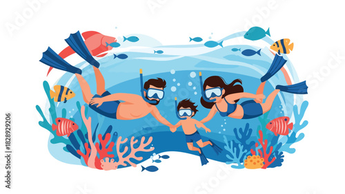 Family snorkeling underwater during a summer vacation. Ideal for marine wildlife experiences, adventure, and tropical travel illustrations