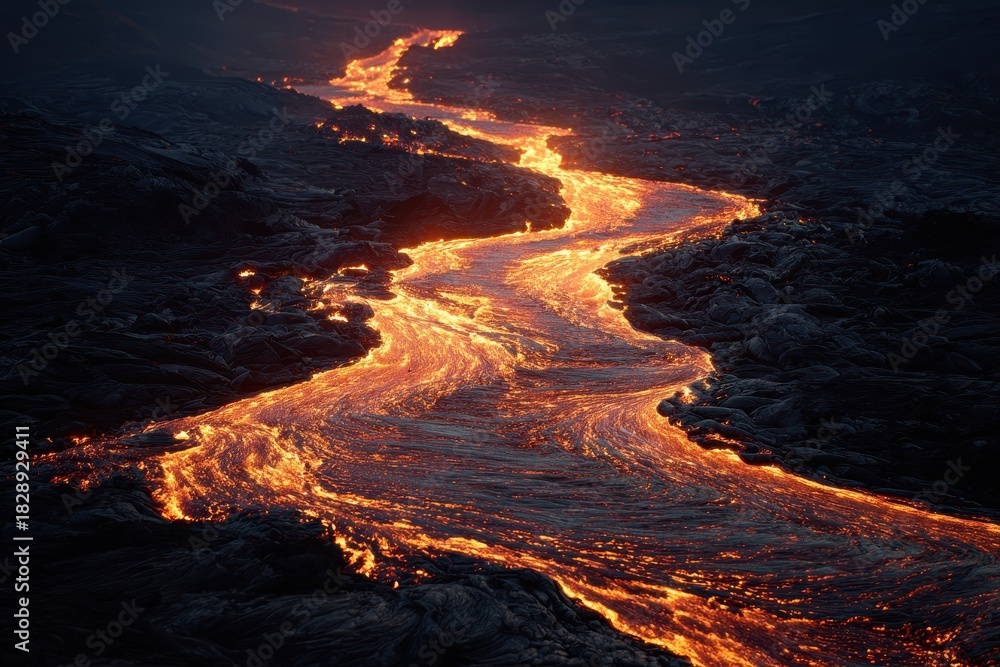 Fototapeta premium Fiery River - Molten Lava Flowing Through Dark Landscape, Volcanic Eruption.