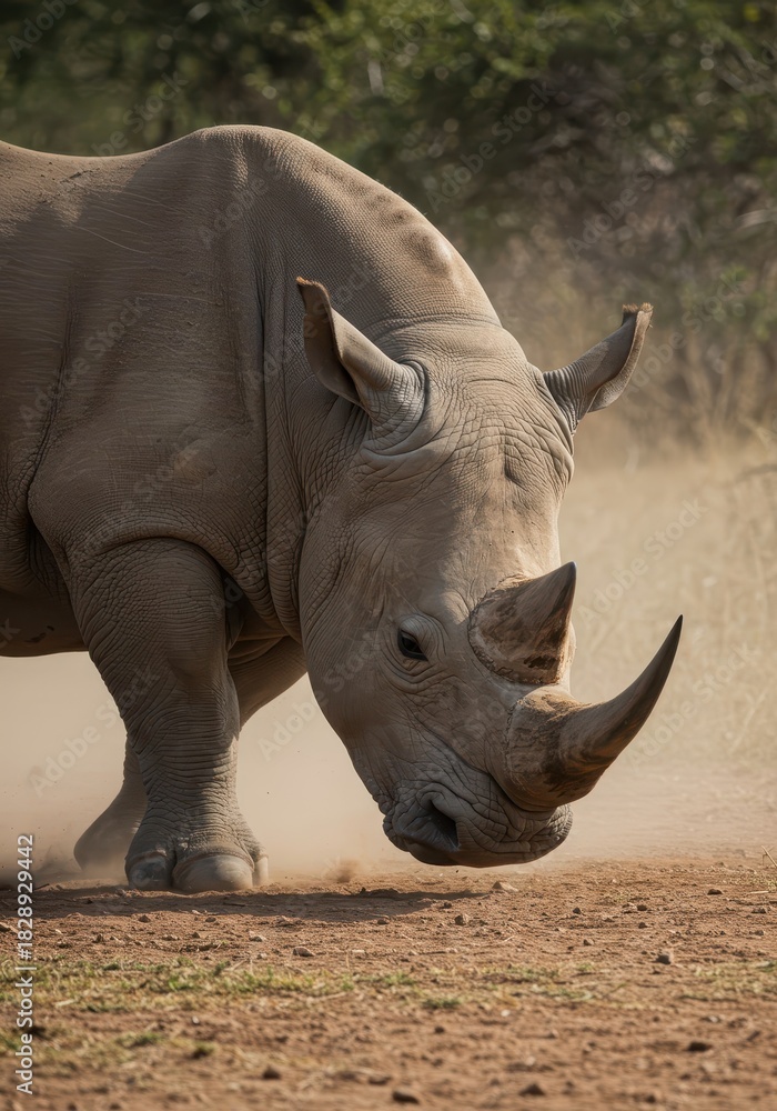 Obraz premium A massive wild rhinoceros lowers its head, preparing to run and charge across the dusty savanna, showcasing immense strength ,concentration. ,beast ,speed