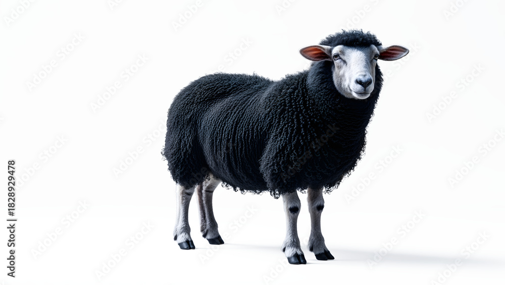 Fototapeta premium Black Sheep Woolly Animal Farm Livestock Full Body Isolated White Background Studio Photography Gentle Features Black Fleece Calm Expression Textured Coat Generative AI