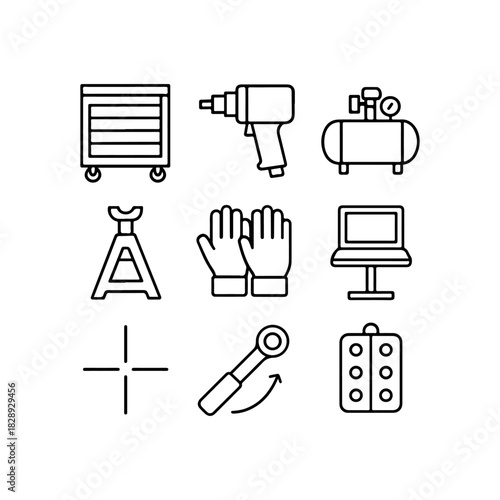 Collection of hand drawn automotive repair and maintenance tools
