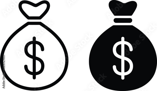 Money bag dollar sign icon: line art and filled versions set