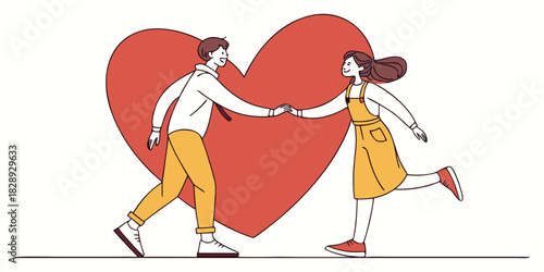Romantic couple reaching for each other in front of a big heart, celebrating love and connection, perfect for Valentine's Day promotions and relationship content