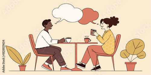 Engaging coffee break conversation with friends, sharing ideas, modern illustration of diverse friends laughing over cafe drinks, friendship and connection
