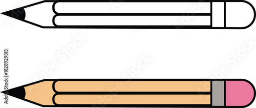 Stylized illustration of two pencils, one outlined and one colored.