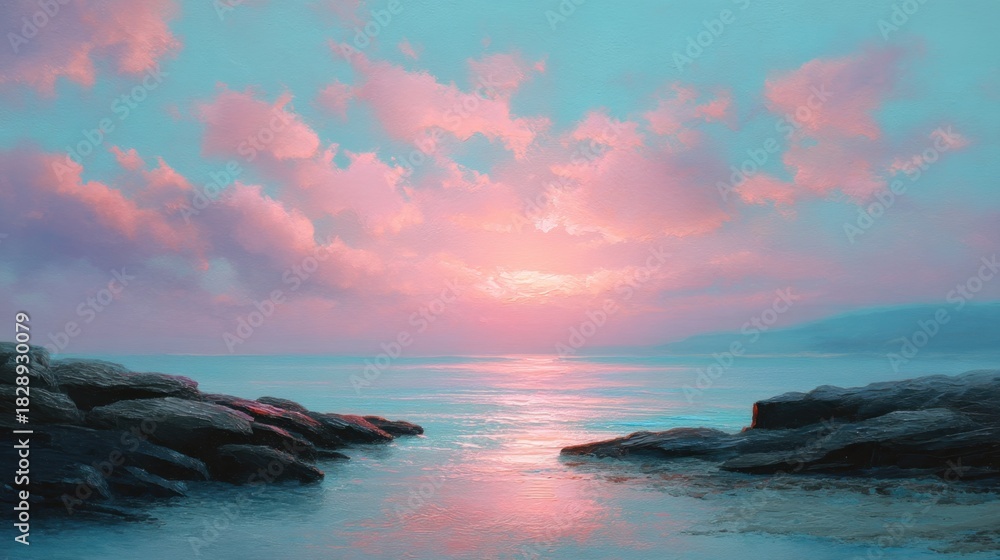 Fototapeta premium Serene Sunset Over Calm Waters with Soft Pink and Blue Hues Reflected in the Sky and Gentle Waves Lapping at Rocky Shoreline