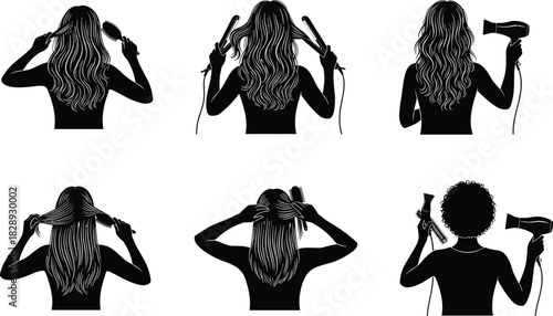 Hair styling tools and process silhouettes set, women brushing, curling, blow-drying hair, beauty, salon, self-care, grooming, black, vector, illustration, graphic, dynamic.