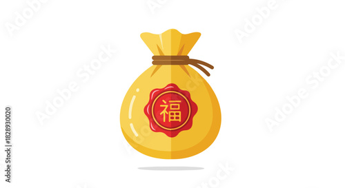Gold fortune money bag with Chinese 'Fu' character symbol for prosperity and good luck