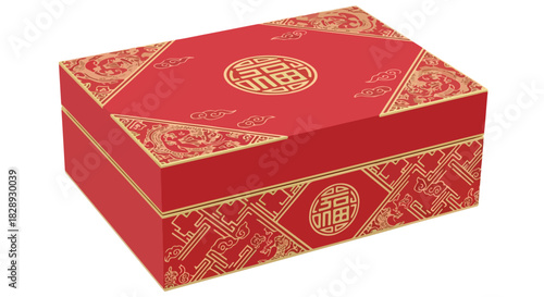 A detailed illustration of a traditional red and gold Chinese gift box decorated with the double happiness symbol for wedding celebrations.