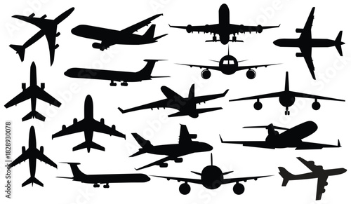Airplane and jet silhouette vector pack featuring multiple aircraft views for travel, aviation, transport, and pilot-training design projects.