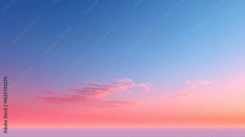 Fototapeta premium Serene Sunset Sky with Soft Hues of Pink, Orange and Blue Reflecting Over Calm Horizon at Dusk in a Tranquil Environment