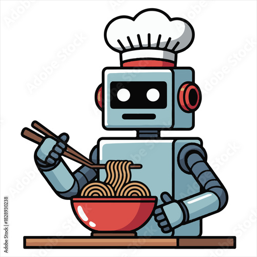 Robot Chef Illustration – Humorous AI Character Eating Noodles with Chopsticks