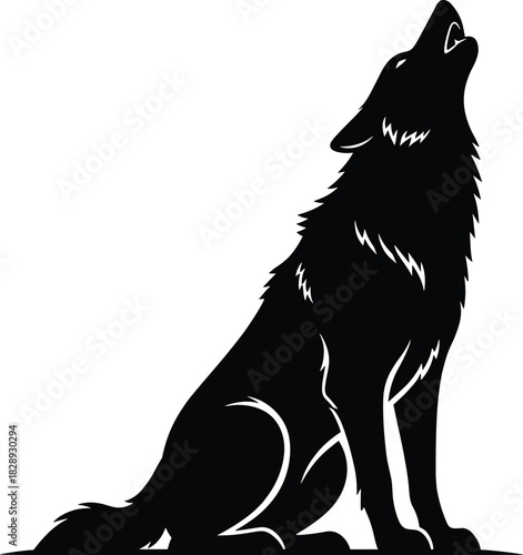 Silhouette of a howling wolf sitting with raised head and detailed fur texture for wildlife and design themes