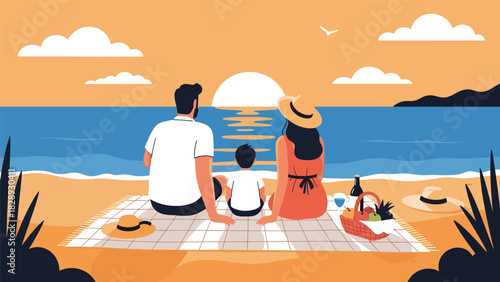 Family enjoying a picnic while watching the sunset during their summer holiday. Ideal for peaceful outdoor lifestyle, vacation memories, and travel content