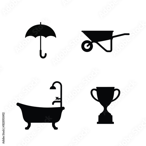 Four black silhouette icons: umbrella, wheelbarrow, bathtub, and trophy rain protection