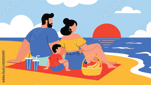 Family enjoying a picnic while watching the sunset during their summer holiday. Ideal for peaceful outdoor lifestyle, vacation memories, and travel content