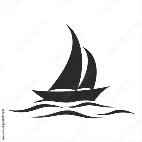 Simple black sailboat silhouette floats upon stylized water waves with transparent background