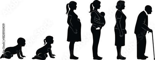 Life stages silhouettes set, human aging process, baby, child, pregnancy, mother with baby, adult, elderly, generation, growth, development, black, vector, illustration, graphic, dynamic.