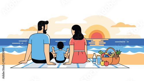 Family enjoying a picnic while watching the sunset during their summer holiday. Ideal for peaceful outdoor lifestyle, vacation memories, and travel content