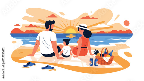 Family enjoying a picnic while watching the sunset during their summer holiday. Ideal for peaceful outdoor lifestyle, vacation memories, and travel content