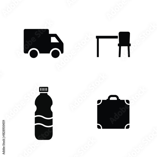 Set of four black icons including a delivery truck, desk and chair, water bottle, and suitcase