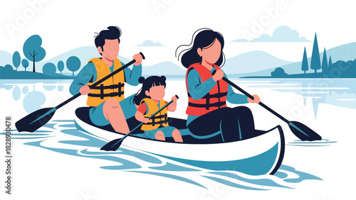 Family enjoying a boat canoe ride during summer holiday travel. Ideal for adventure, outdoor lifestyle, marine tourism, and family bonding themes