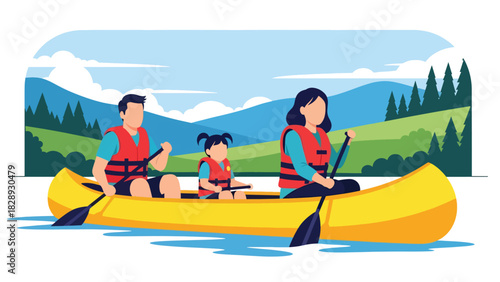 Family enjoying a boat canoe ride during summer holiday travel. Ideal for adventure, outdoor lifestyle, marine tourism, and family bonding themes