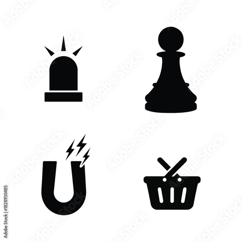 Set of four black icons including a siren, chess pawn, magnet, and shopping basket