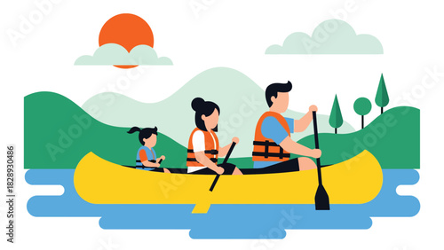 Family enjoying a boat canoe ride during summer holiday travel. Ideal for adventure, outdoor lifestyle, marine tourism, and family bonding themes