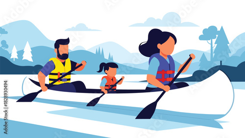 Family enjoying a boat canoe ride during summer holiday travel. Ideal for adventure, outdoor lifestyle, marine tourism, and family bonding themes