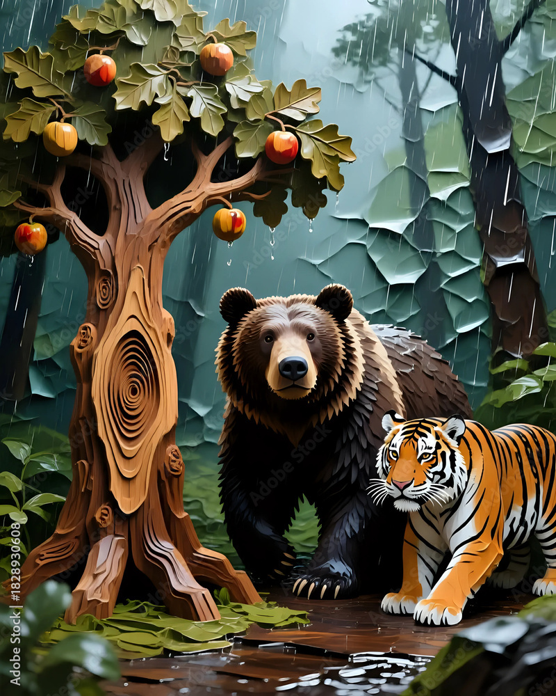 Obraz premium Tiger and bear in the woods