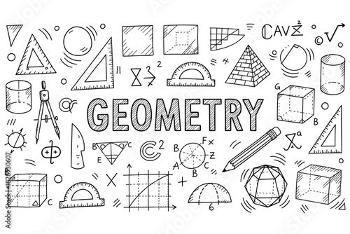 Hand-drawn geometry illustrations with various shapes and tools