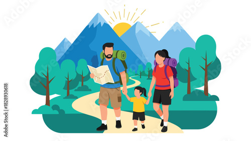 Family hiking together along a summer forest trail. Ideal for adventure lifestyle, travel outdoors, and healthy family recreation themes