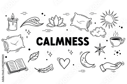 Calmness concept with pillows, candles, and relaxation symbols