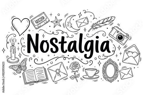 Nostalgia: hand-drawn retro doodles featuring cassette, envelope, and camera