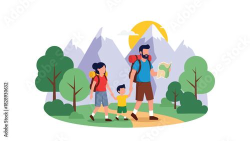 Family hiking together along a summer forest trail. Ideal for adventure lifestyle, travel outdoors, and healthy family recreation themes