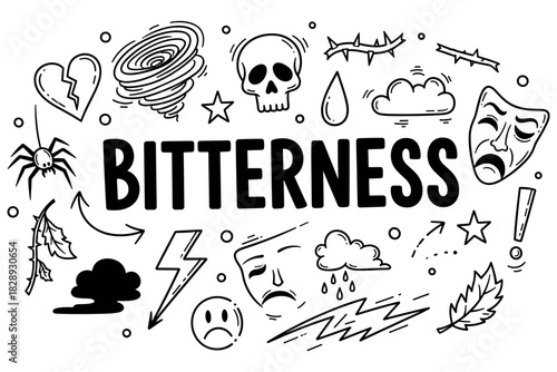 Expressive doodles illustrating the concept of bitterness and sadness