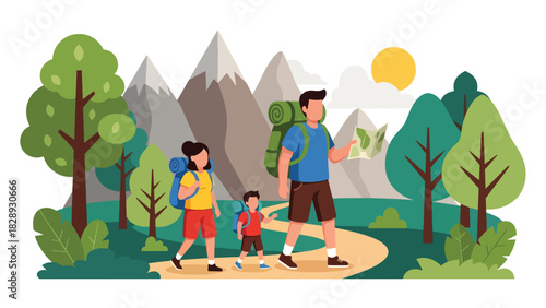 Family hiking together along a summer forest trail. Ideal for adventure lifestyle, travel outdoors, and healthy family recreation themes