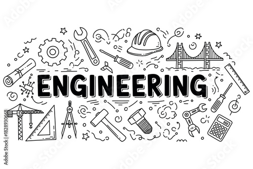 Engineering theme illustration featuring tools, bridge, and helmet in black and white doodle style