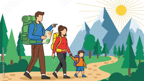 Family hiking together along a summer forest trail. Ideal for adventure lifestyle, travel outdoors, and healthy family recreation themes